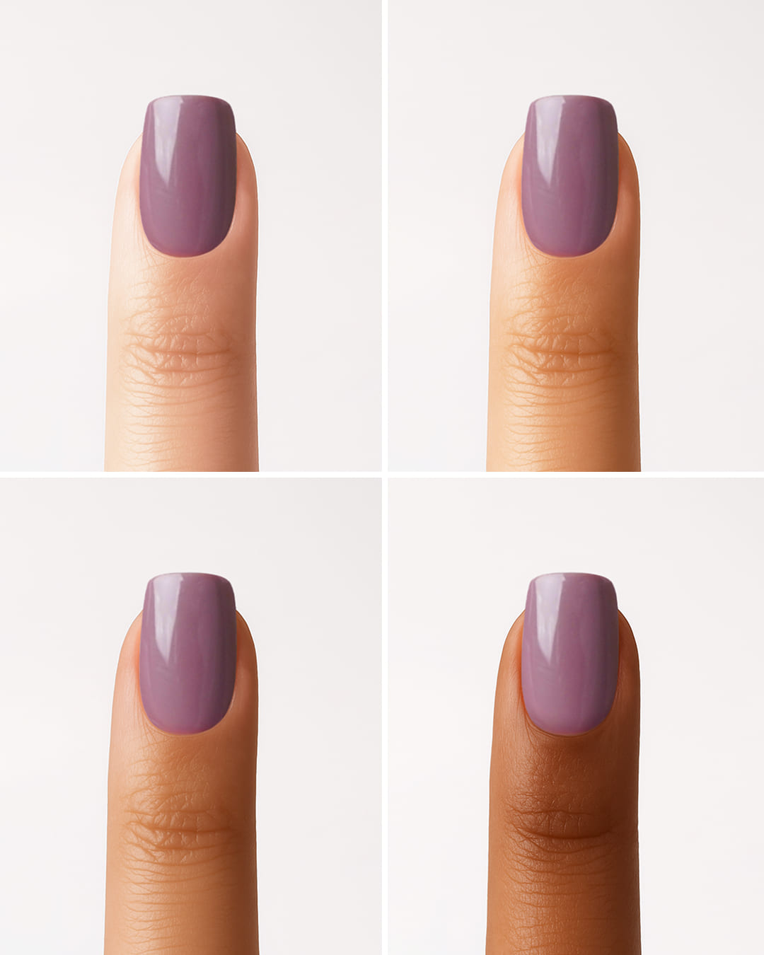 Soft Gel Press Ons Silent Night Mauve auf verschiedenen Hauttönen